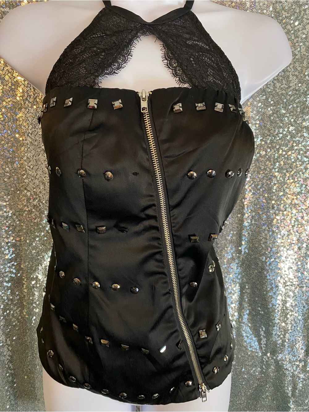 Y2K DOTS Black Studded Corset Halter Top-Glam Rock-Zip Front-XL-1 Top-3 personas